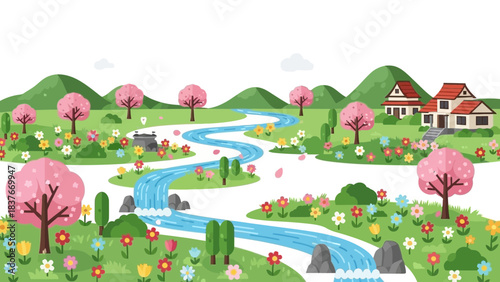 Serene cartoon landscape featuring a river, pink cherry blossom trees, flowers, mountains and two cute houses