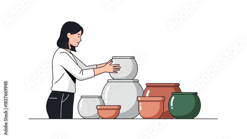 Woman arranging round pots of different colors and sizes