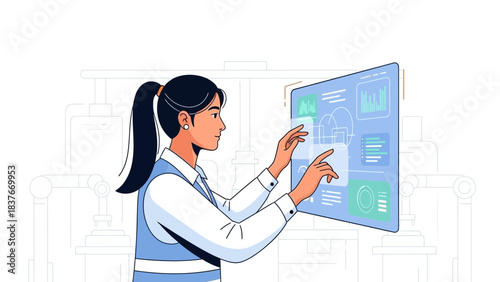 Woman interacts with data screen in industrial setting, wearing a vest and ponytail, operating machinery interface