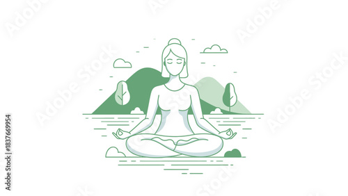 Woman in lotus position, meditating in serene landscape with mountains, trees, and clouds, in minimalist flat style