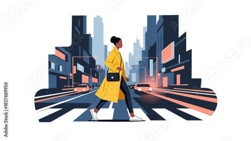 Woman in yellow coat crosses stylized city street on a crosswalk; cars with lights approach