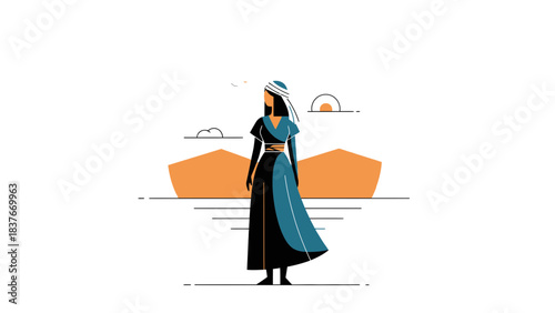 Woman in traditional dress stands before desert landscape