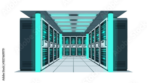 Server room corridor with rows of data servers and glowing lights on a tiled floor