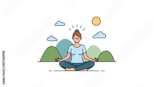 Woman in lotus position meditating outdoors with mountains, clouds, and sun in cartoon style