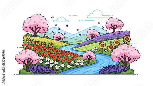 Serene river landscape with vibrant flowers and pink blossom trees, rolling hills in background