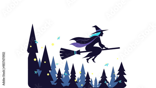 Silhouette of a witch flying on a broom over evergreen trees with fireflies on a white background