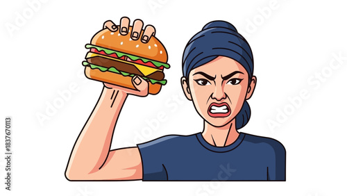 Woman with bun holds a burger up with an angry expression, wearing a blue shirt and head covering