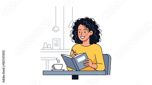 Woman with curly hair writing in a notebook, sitting at a table with a coffee cup in an indoor setting