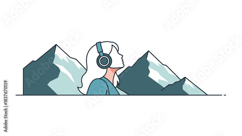 Woman with headphones in front of mountains