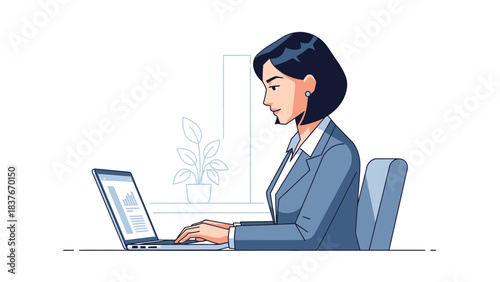 Woman working on a laptop. Light blue color palette. Geometric style drawing
