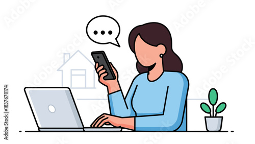 Woman with laptop and phone, indoor, featuring a plant and a faint house in background