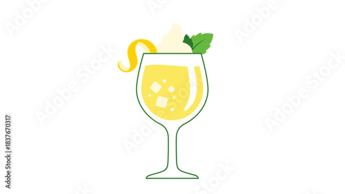 Simple cartoon image of a cocktail glass filled with a pale-yellow drink with ice, cream and garnish