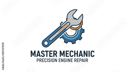 Wrench and gear icon, "Master Mechanic, Precision Engine Repair," blue, gray, and orange, minimal design on white