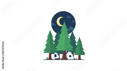 Simple flat-style image of a campsite with trees under the moonlight on a white background