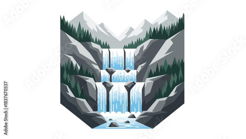 Stylized waterfalls cascading down rocky cliffs flanked by trees and snow-capped mountains in the background