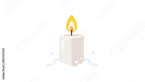 Simple, vector illustration of lit candle, with a creamy white body, sitting in soft, fluffy clouds