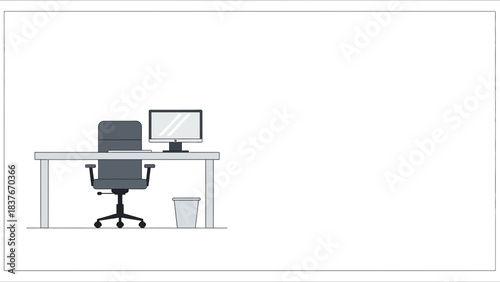 Stylized workspace showing desk, chair, computer, and trash bin in grayscale, clean and minimal