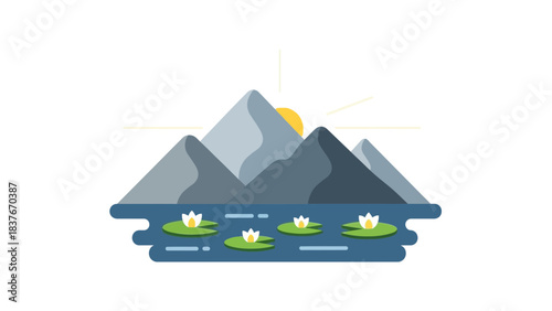 Simplified landscape featuring mountains, water with lily pads, and a sun