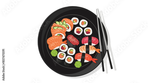 Sushi platter on a dark plate with chopsticks against a white background