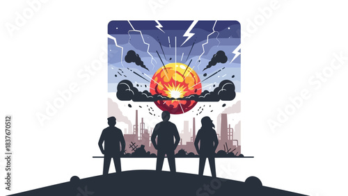 Three people silhouetted before a fiery explosion above a polluted city skyline, a cautionary tale