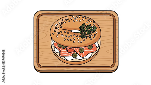 Toasted bagel with salmon, cream cheese, capers, and dill sprigs rests atop a wooden serving board