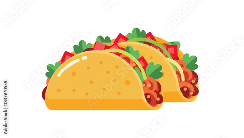 Three stylized tacos with beef, lettuce, tomatoes, and green onions, arranged on a white background