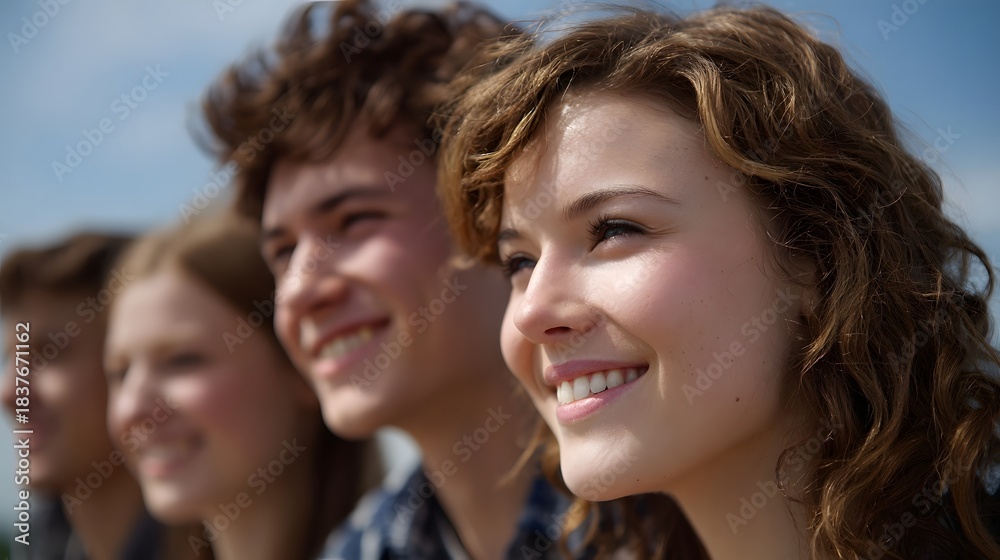 Fototapeta premium A group of cheerful young friends smiling together outdoors under a bright blue sky