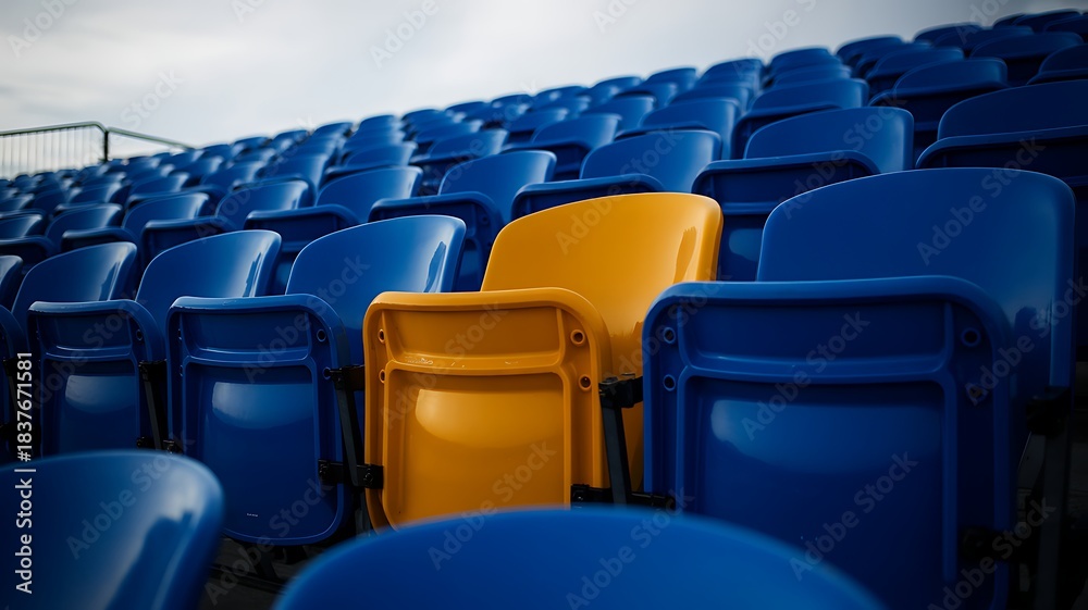 Fototapeta premium Eye-Catching Yellow Chair in a Sea of Blue Stadium Seats Photo