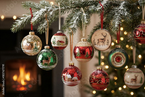 christmas tree decorations on the snow