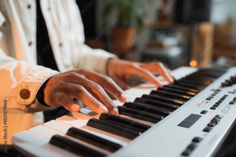 Fototapeta premium Asian male producer creates music by arranging song midi using a keyboard in a home studio during the evening hours