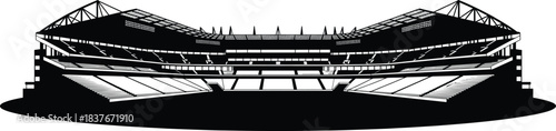 Modern sports stadium silhouette—black and white vector of angular multi-tier venue with symmetrical architecture