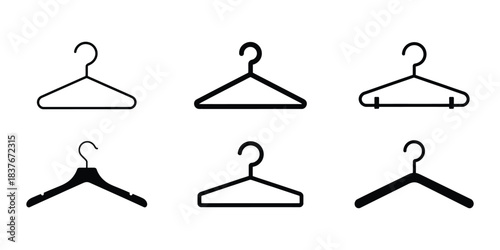 Clothing Hanger Icon Set: Minimal Black Outline and Solid Silhouette Wardrobe Symbols