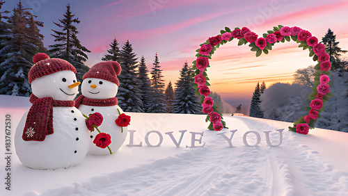 Romantic winter landscape with two cute snowmen, a heartshaped rose arch, and love you text in the snow, under a colorful sunset sky
