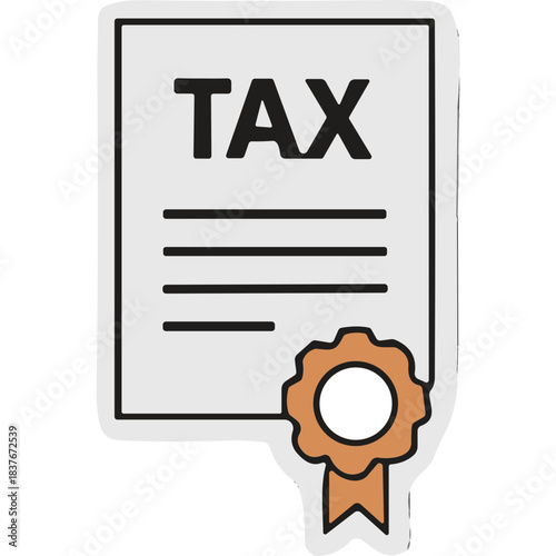 Tax Document With Certificate Seal On White Background Simple Flat Illustration With Black Outline Isolated Graphic Representation Of Taxation And Finance