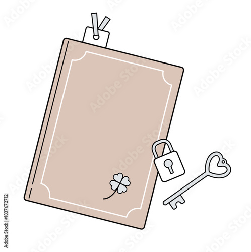 鍵付きノートと鍵のラインアイコン：日記・手帳のミニマルな俯瞰（くすみカラー）