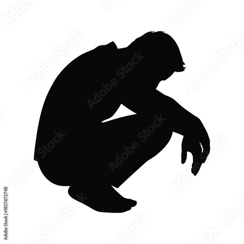 Crouching Man Silhouette Icon | Depression Sadness Solitude Isolation Vector