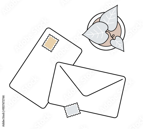 手紙と封筒、スタンプのラインアイコン：文通・メッセージ（くすみカラー）