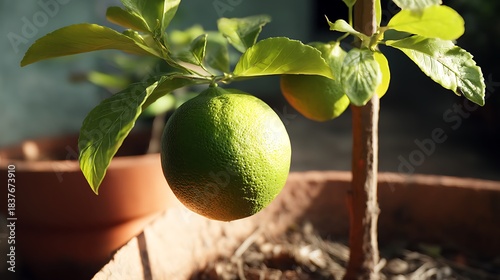 A close-up of a lime fruit on a small tree