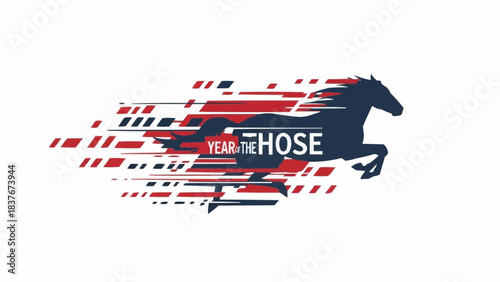 Dynamic vector illustration of a powerful galloping horse with abstract speed lines in red and blue, symbolizing motion and swiftness for various design projects