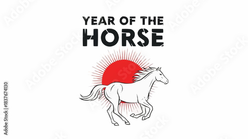 Celebrate the Year of the Horse with this dynamic vector illustration featuring a galloping horse and a rising sun, symbolizing power and good fortune