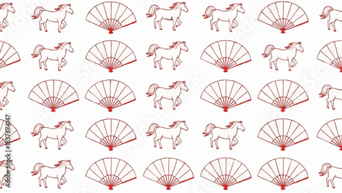 Vibrant seamless vector pattern showcasing graceful red horses and classic traditional hand fans, perfect for diverse cultural textile designs, digital backgrounds, or artistic projects