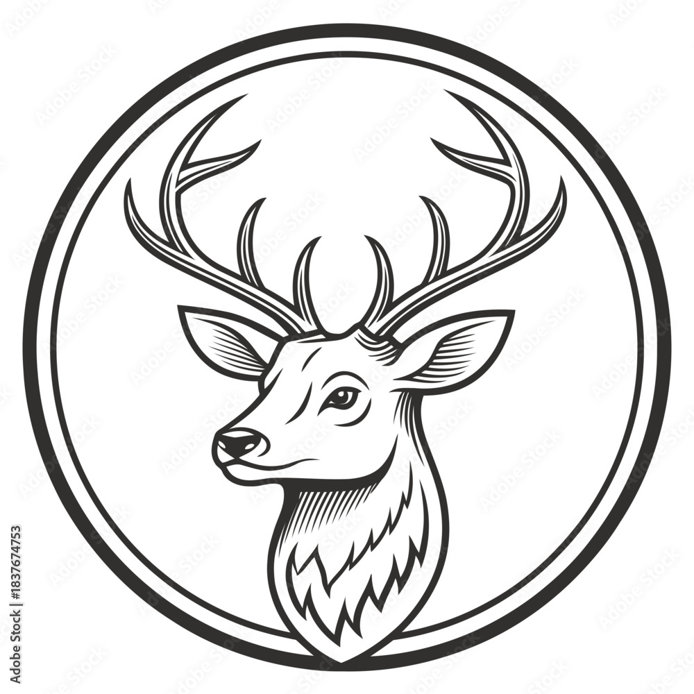 Obraz premium Stag head in circle emblem vintage engraving style black and white