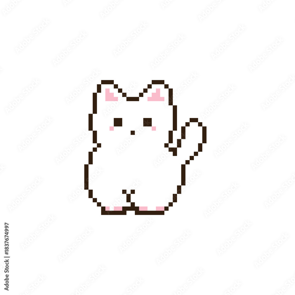 Obraz premium An adorable white pixel art cat with transparent background. This cute 8-bit digital illustration is perfect for pet-themed designs, love messages, stickers, icons, background.