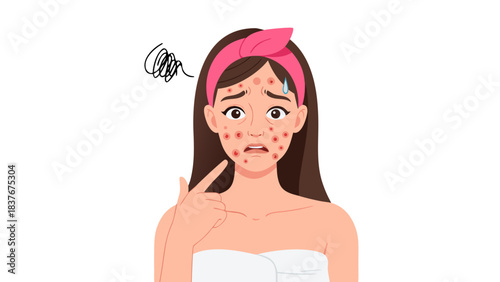 Young Woman Concerned About Acne Breakout Showing Red Blemishes on Face and Chest Wearing Pink Headband and White Towel on Black Background