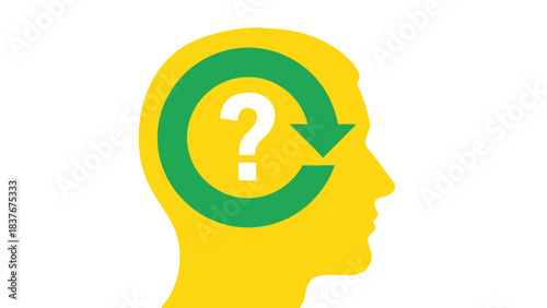 Yellow Silhouette Head Profile with Green Circular Arrows and White Question Mark Symbolizing Confusion or Problem Solving Against a Black Background