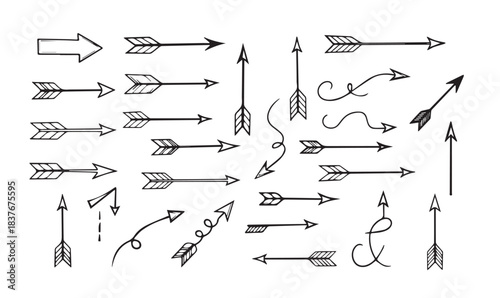 various hand-drawn arrows in different styles and orientations. Designs include straight, curved, wavy, and dashed lines with diverse arrowhead and fletching shapes.