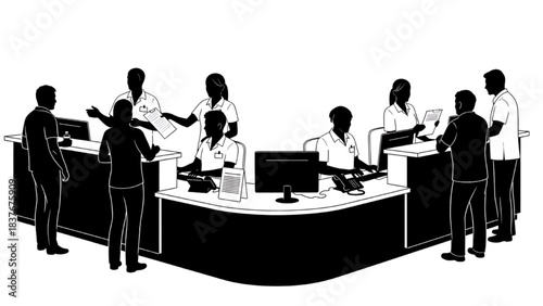 Black silhouette line art of a hospital reception desk with staff assisting patients