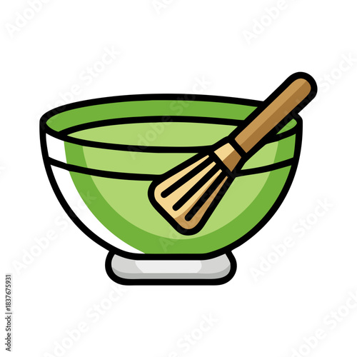 Green matcha tea bowl with bamboo whisk in flat line style