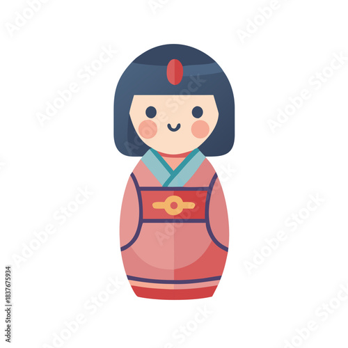 Japanese kokeshi doll wearing pink kimono in cute flat style