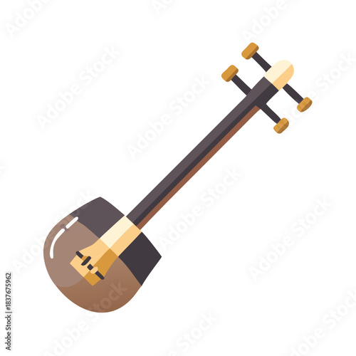 Japanese shamisen string instrument in brown and gold colors